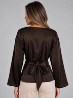 Women’s Satin Look Tie Waist Blouse – Long Sleeve Draped Evening Top