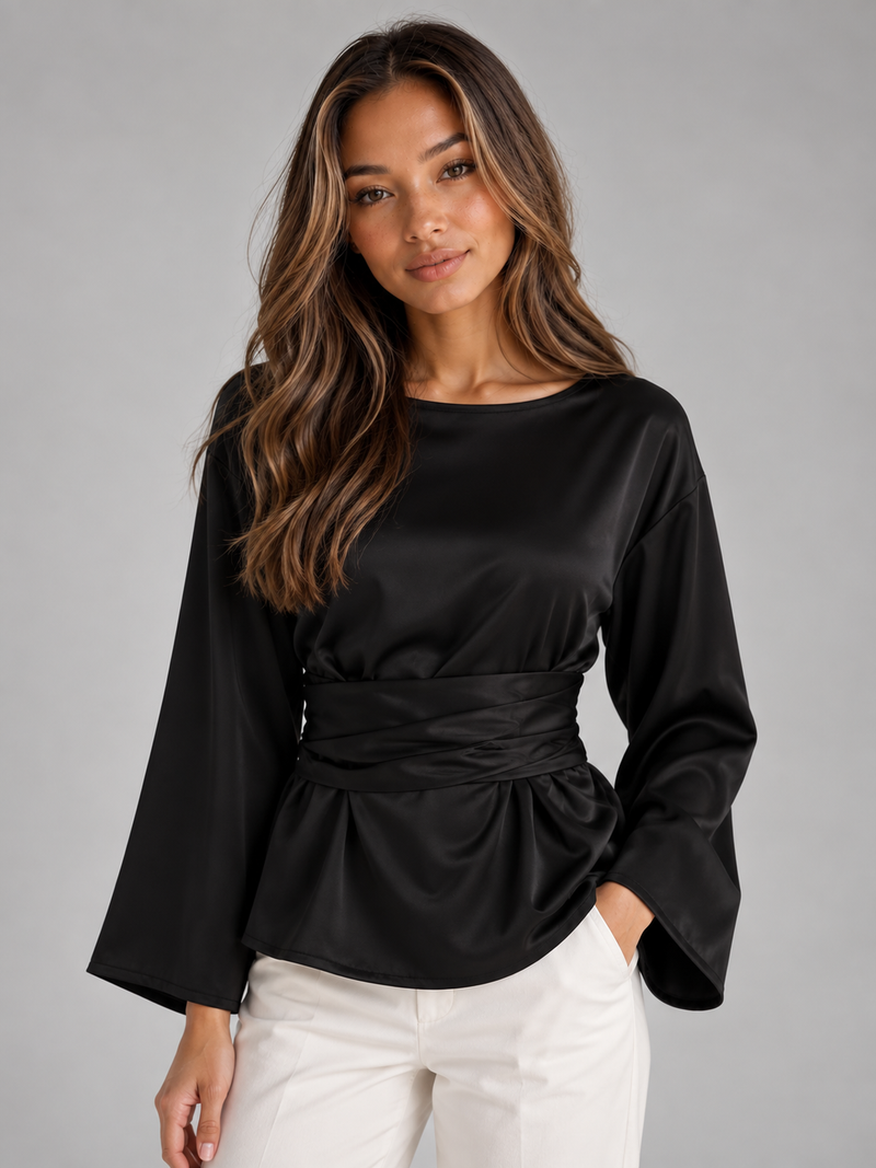 Women’s Satin Look Tie Waist Blouse – Long Sleeve Draped Evening Top