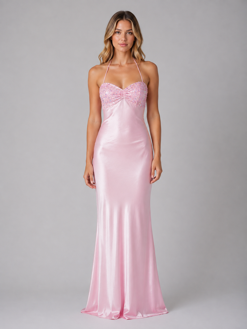 Women’s Sequin Embellished Satin Feel Maxi Dress – Halter Evening Gown