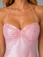 Women’s Sequin Embellished Satin Feel Maxi Dress – Halter Evening Gown