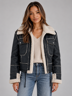 Women’s Shearling Look Aviator Jacket – Faux Fur Collar Zip-Up Coat
