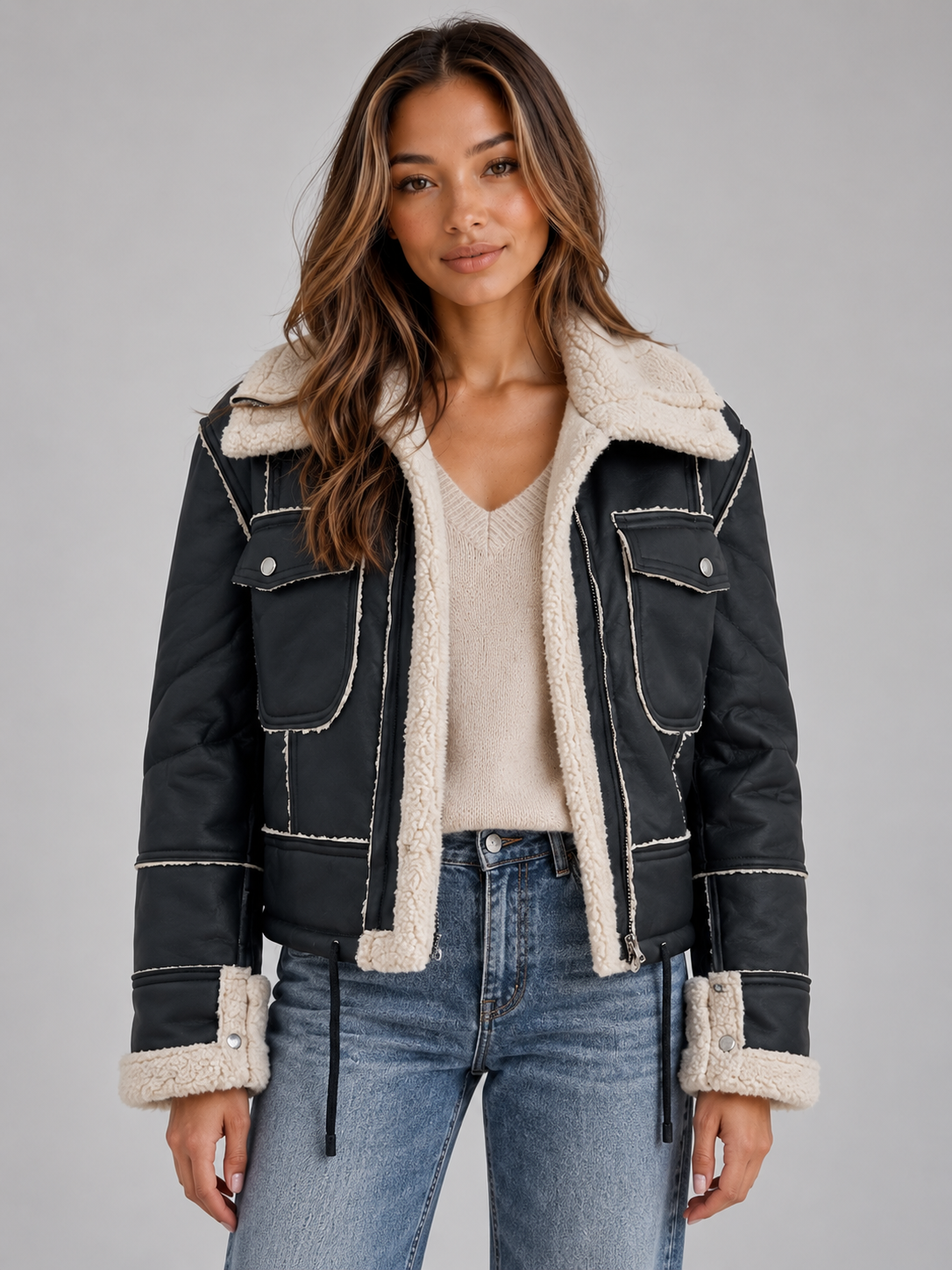 Women’s Shearling Look Aviator Jacket – Faux Fur Collar Zip-Up Coat