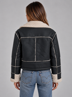 Women’s Shearling Look Aviator Jacket – Faux Fur Collar Zip-Up Coat