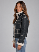 Women’s Shearling Look Aviator Jacket – Faux Fur Collar Zip-Up Coat
