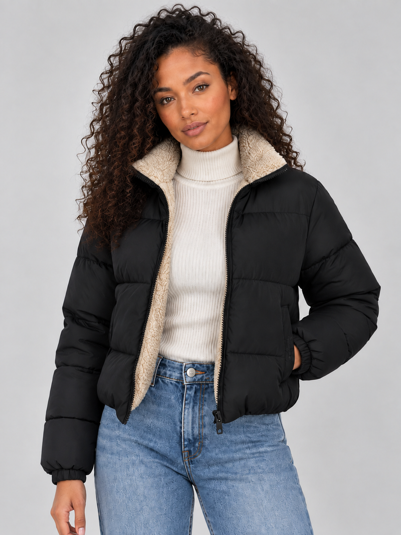 Women’s Sherpa Lined Puffer Jacket – Full Zip High Neck Winter Coat