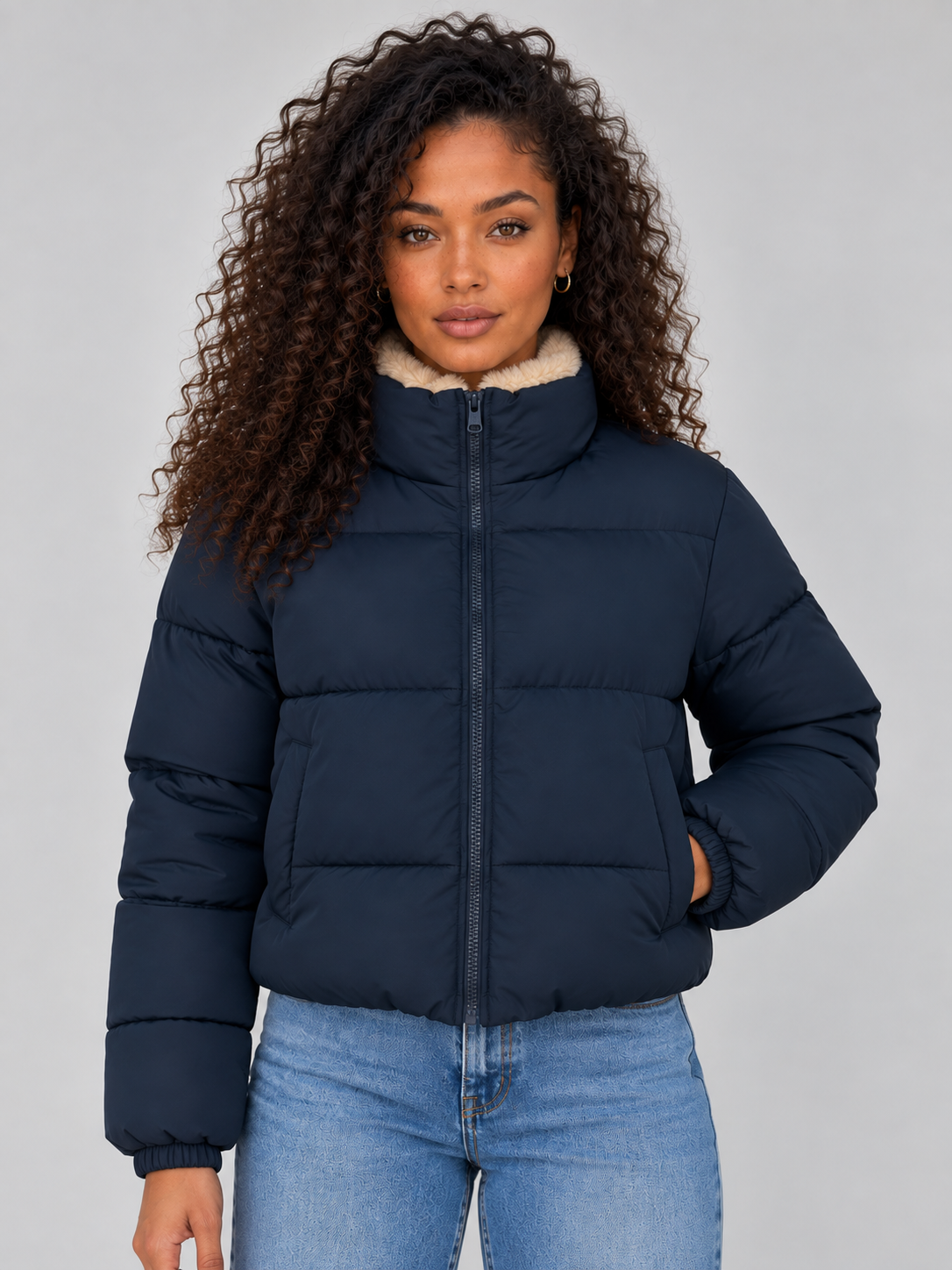 Women’s Sherpa Lined Puffer Jacket – Full Zip High Neck Winter Coat