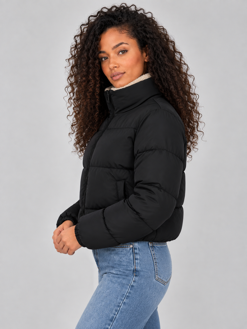 Women’s Sherpa Lined Puffer Jacket – Full Zip High Neck Winter Coat