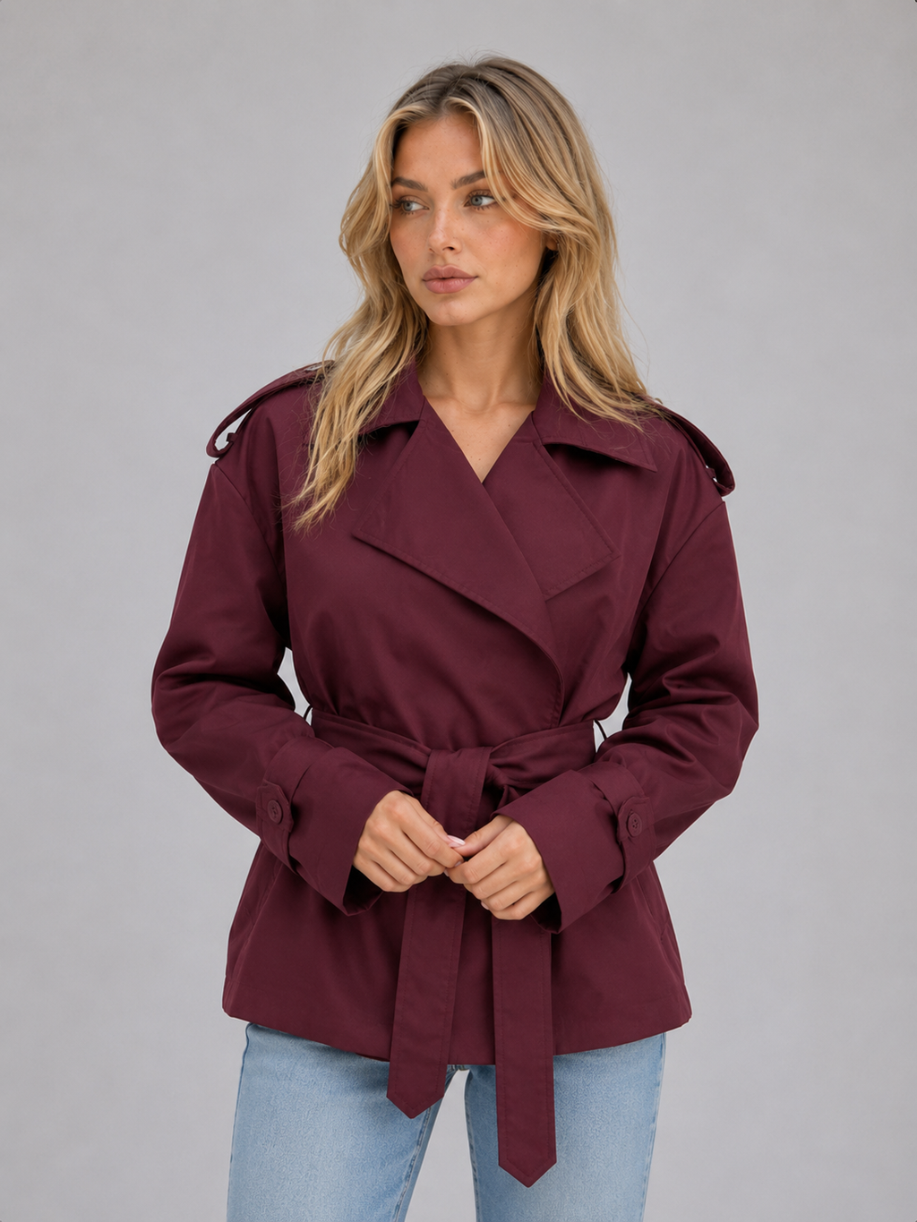 Women’s Short Trench Coat – Belted Double Breasted Jacket
