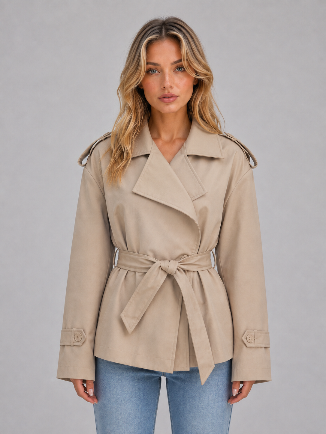 Women’s Short Trench Coat – Belted Double Breasted Jacket