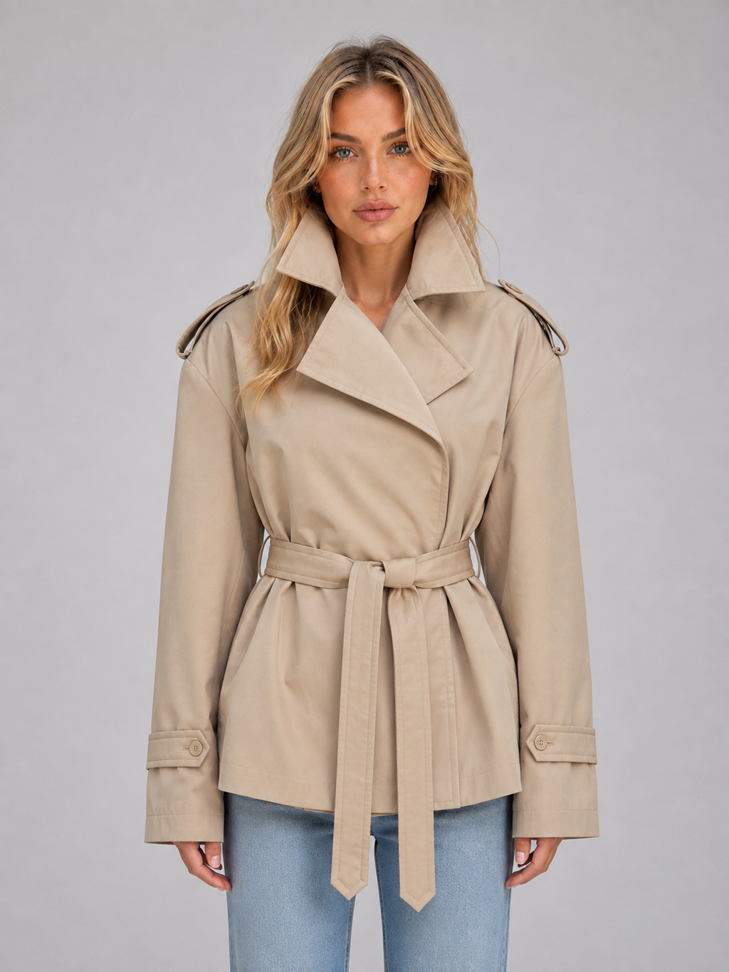 Women’s Short Trench Coat – Belted Double Breasted Jacket