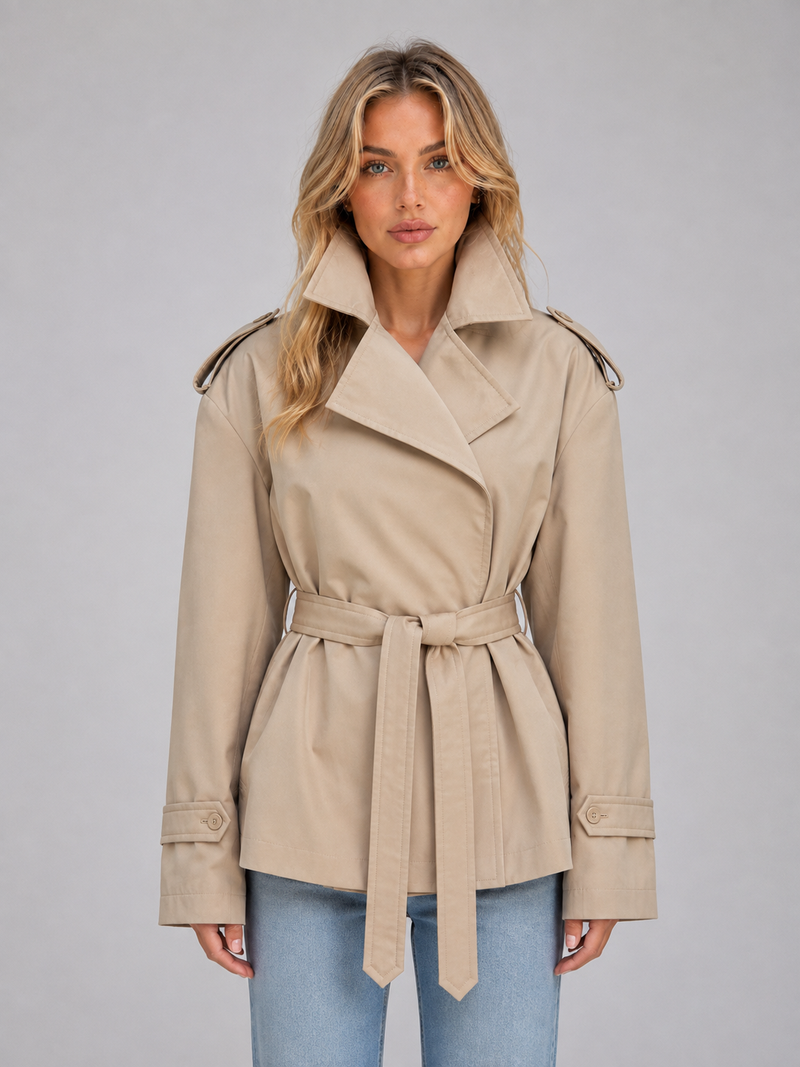 Women’s Short Trench Coat – Belted Double Breasted Jacket