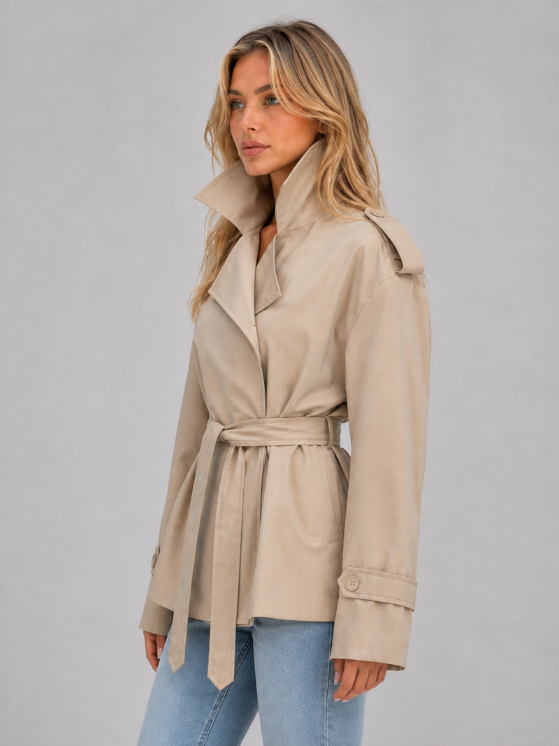 Women’s Short Trench Coat – Belted Double Breasted Jacket