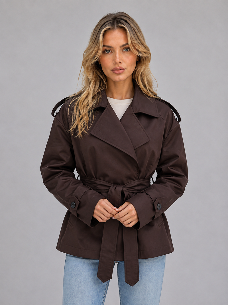 Women’s Short Trench Coat – Belted Double Breasted Jacket