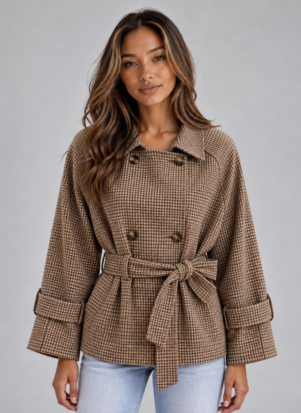 Women’s Short Trench Coat – Double Breasted Belted Jacket with Check Pattern