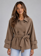 Women’s Short Trench Coat – Double Breasted Belted Jacket with Check Pattern