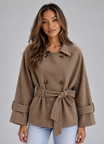 Women’s Short Trench Coat – Double Breasted Belted Jacket with Check Pattern