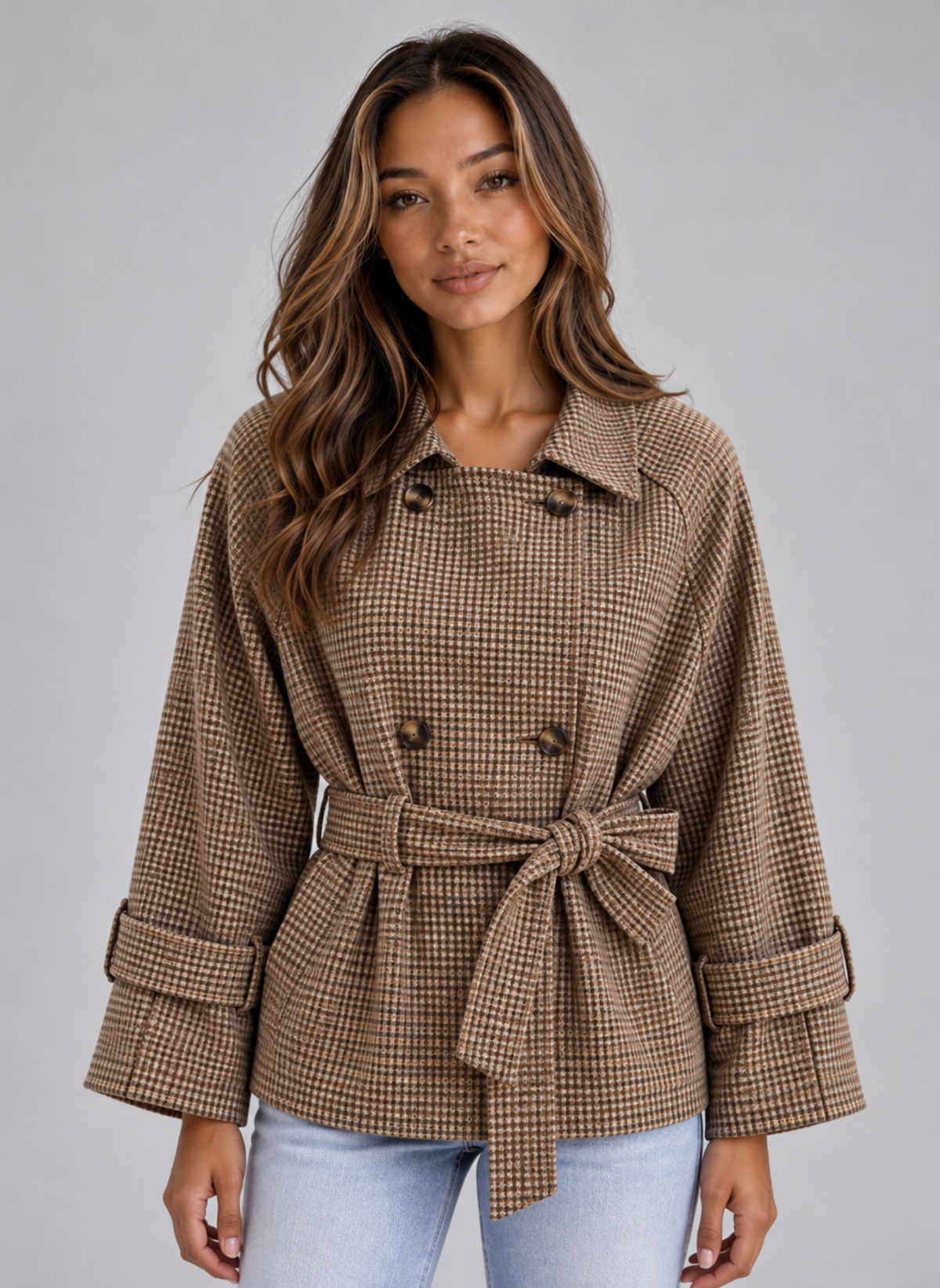 Women’s Short Trench Coat – Double Breasted Belted Jacket with Check Pattern