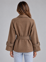 Women’s Short Trench Coat – Double Breasted Belted Jacket with Check Pattern