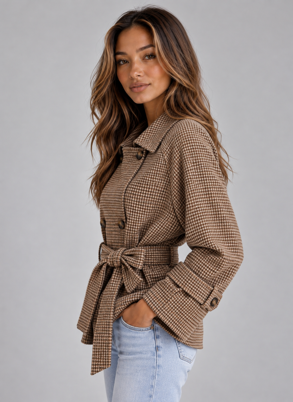 Women’s Short Trench Coat – Double Breasted Belted Jacket with Check Pattern