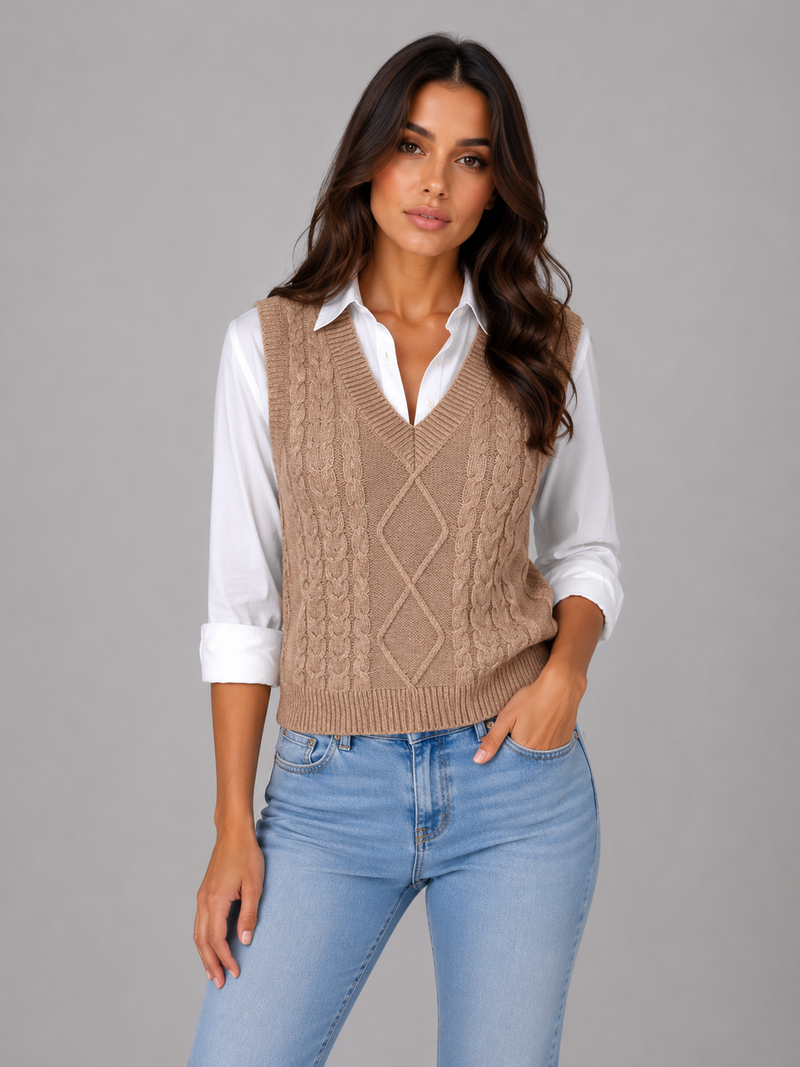 Women's Sleeveless Cable Knit Sweater Vest – V-Neck Knitted Waistcoat