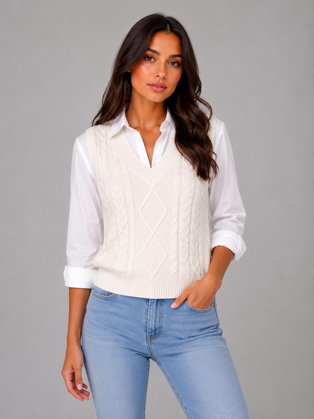 Women's Sleeveless Cable Knit Sweater Vest – V-Neck Knitted Waistcoat