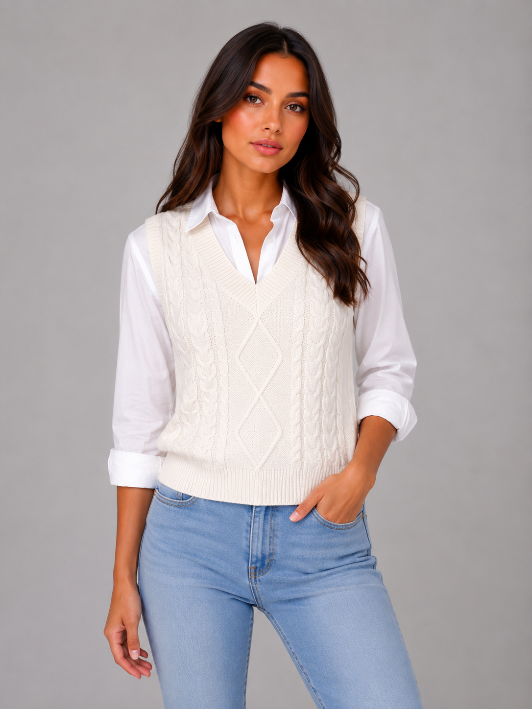 Women's Sleeveless Cable Knit Sweater Vest – V-Neck Knitted Waistcoat