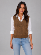 Women's Sleeveless Cable Knit Sweater Vest – V-Neck Knitted Waistcoat