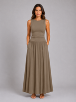 Women's Sleeveless Maxi Dress with Pockets – Ruched Waist Style