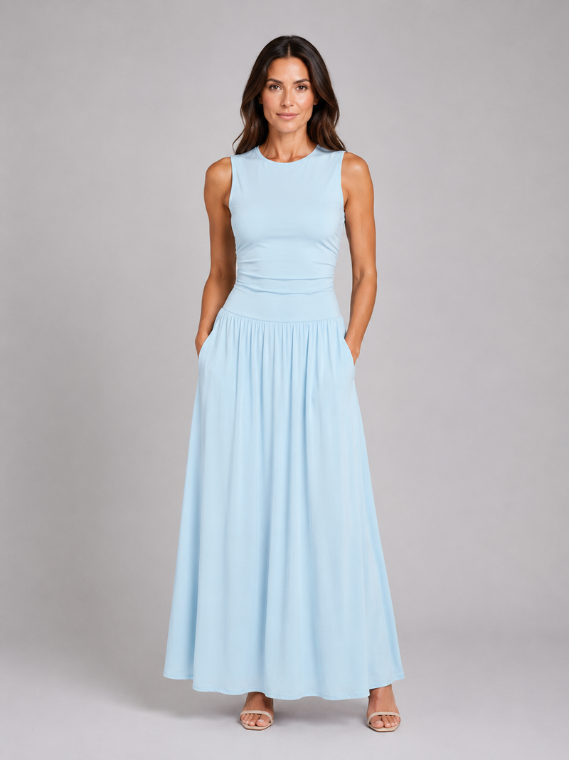 Women's Sleeveless Maxi Dress with Pockets – Ruched Waist Style