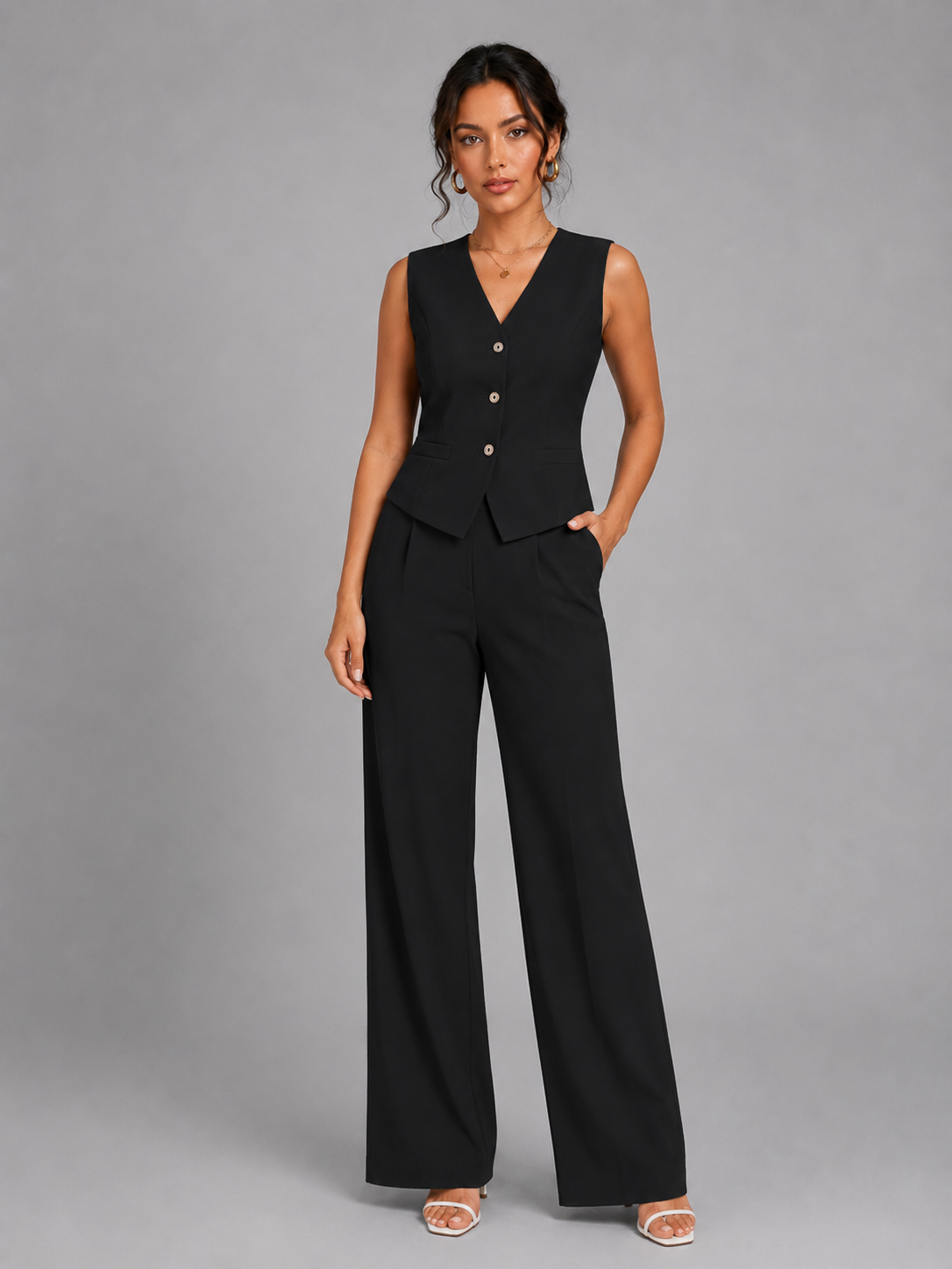 Women’s Sleeveless Waistcoat & Wide Leg Trouser Set – Elegant Tailored Style