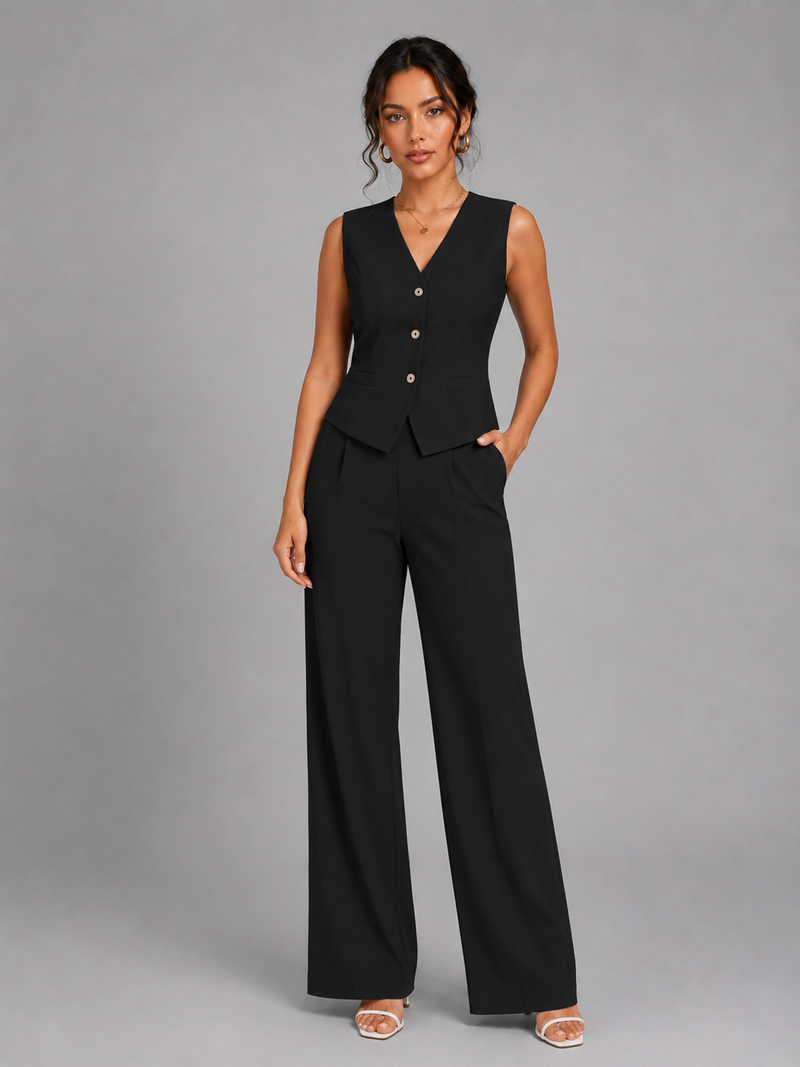 Women’s Sleeveless Waistcoat & Wide Leg Trouser Set – Elegant Tailored Style