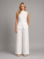 Women's Sleeveless Co-Ord Set – High Neck Button Top & Wide Leg Trousers