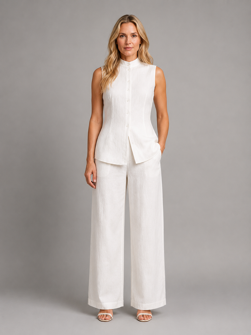 Women's Sleeveless Co-Ord Set – High Neck Button Top & Wide Leg Trousers