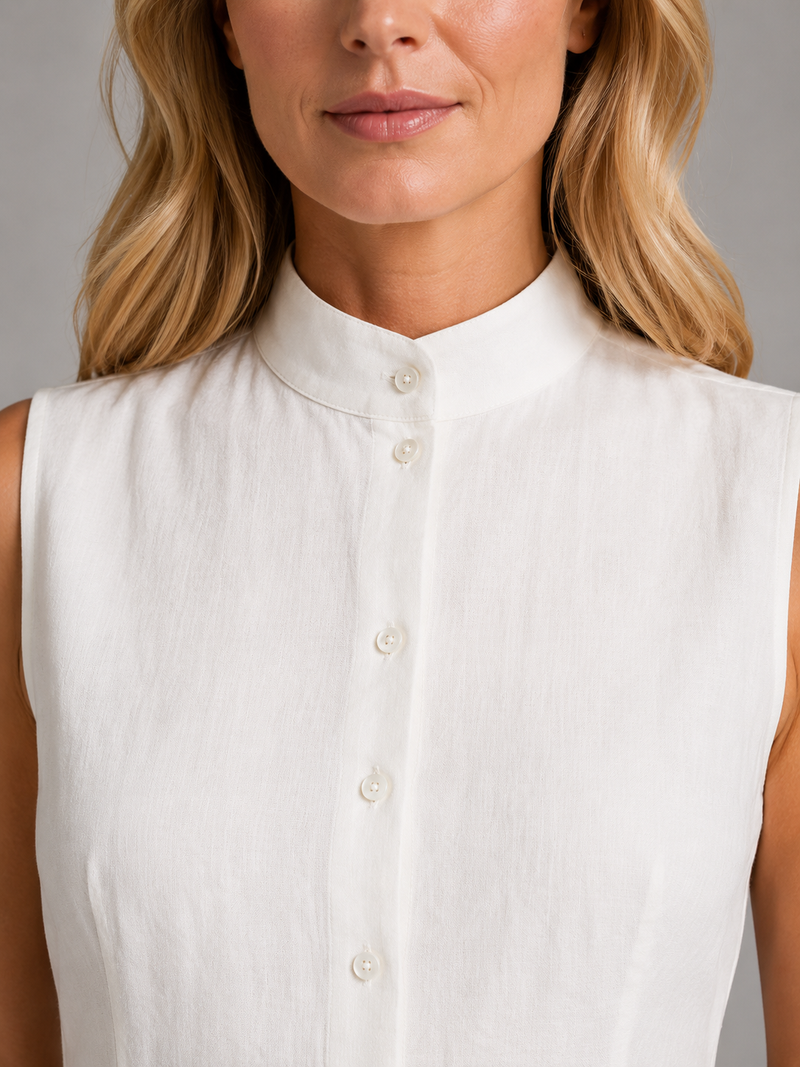 Women's Sleeveless Co-Ord Set – High Neck Button Top & Wide Leg Trousers