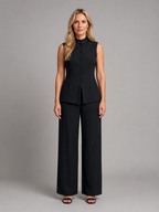 Women's Sleeveless Co-Ord Set – High Neck Button Top & Wide Leg Trousers
