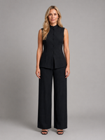 Women's Sleeveless Co-Ord Set – High Neck Button Top & Wide Leg Trousers