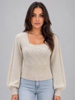 Women’s Square Neck Cable Knit Jumper – Balloon Sleeve Fitted Sweater