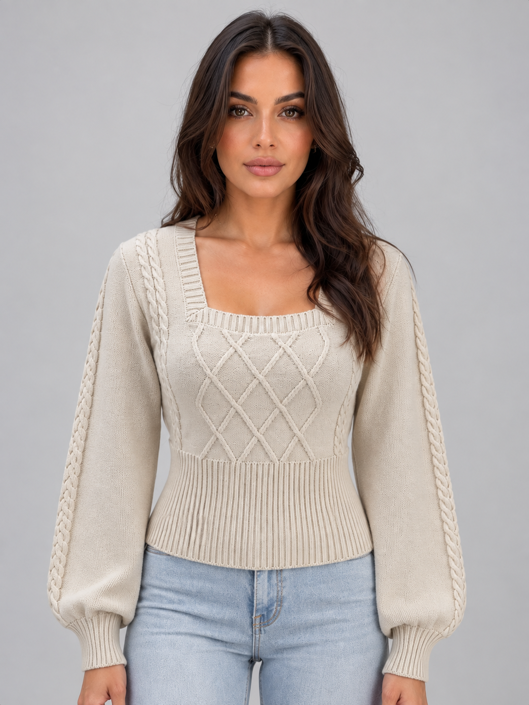 Women’s Square Neck Cable Knit Jumper – Balloon Sleeve Fitted Sweater