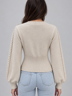 Women’s Square Neck Cable Knit Jumper – Balloon Sleeve Fitted Sweater