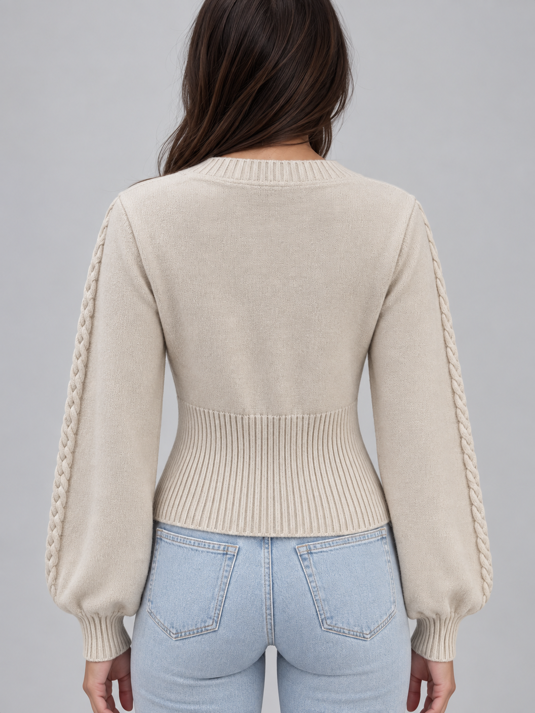 Women’s Square Neck Cable Knit Jumper – Balloon Sleeve Fitted Sweater
