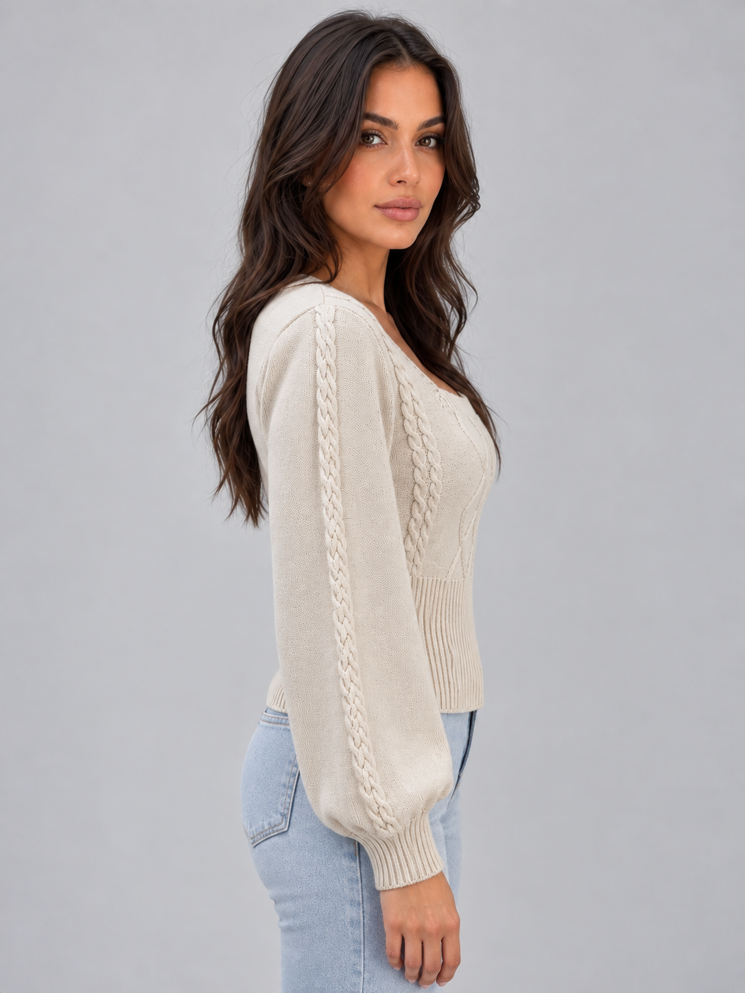 Women’s Square Neck Cable Knit Jumper – Balloon Sleeve Fitted Sweater