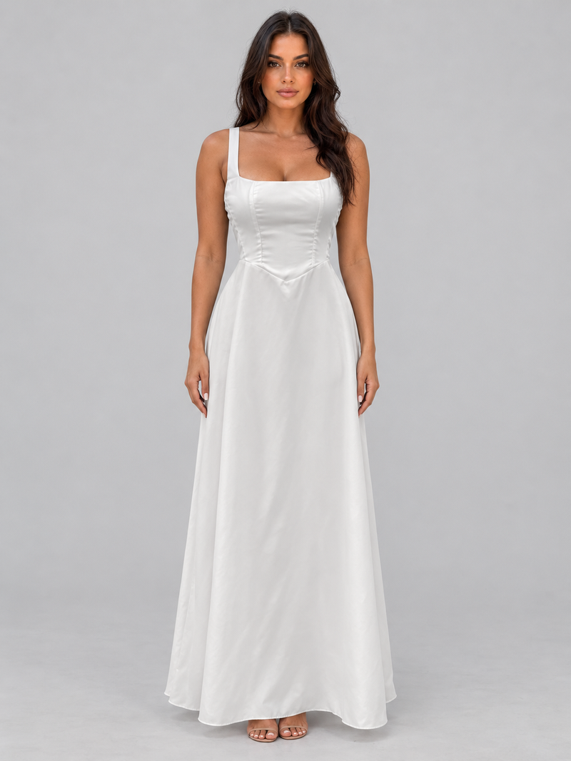 Women's Square Neck Maxi Dress – Structured Bodice A-Line Fit