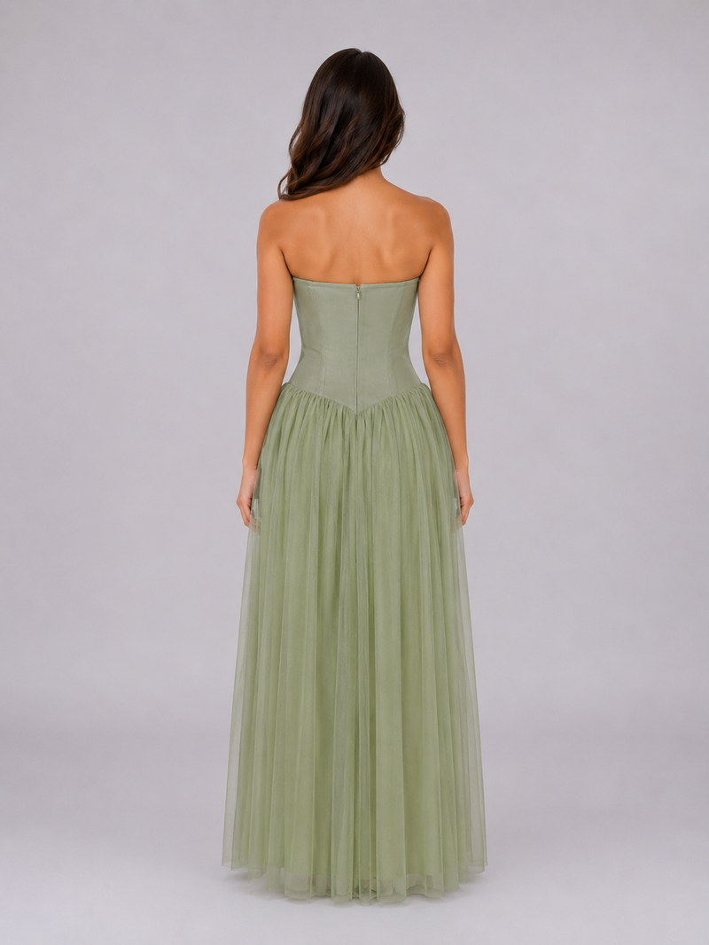 Women's Strapless Corset Tulle Maxi Dress – Sculpted Evening Gown