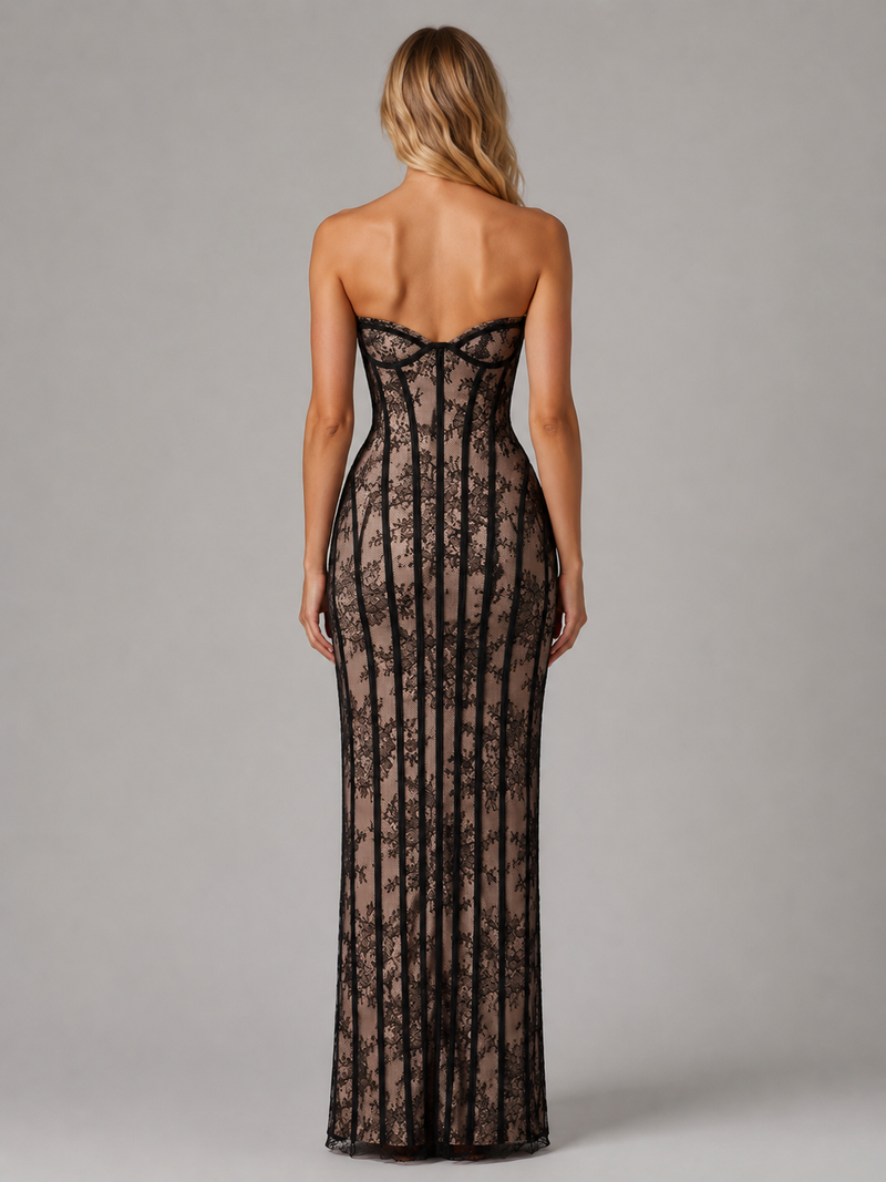 Women's Strapless Lace Corset Maxi Dress – Elegant Evening Gown
