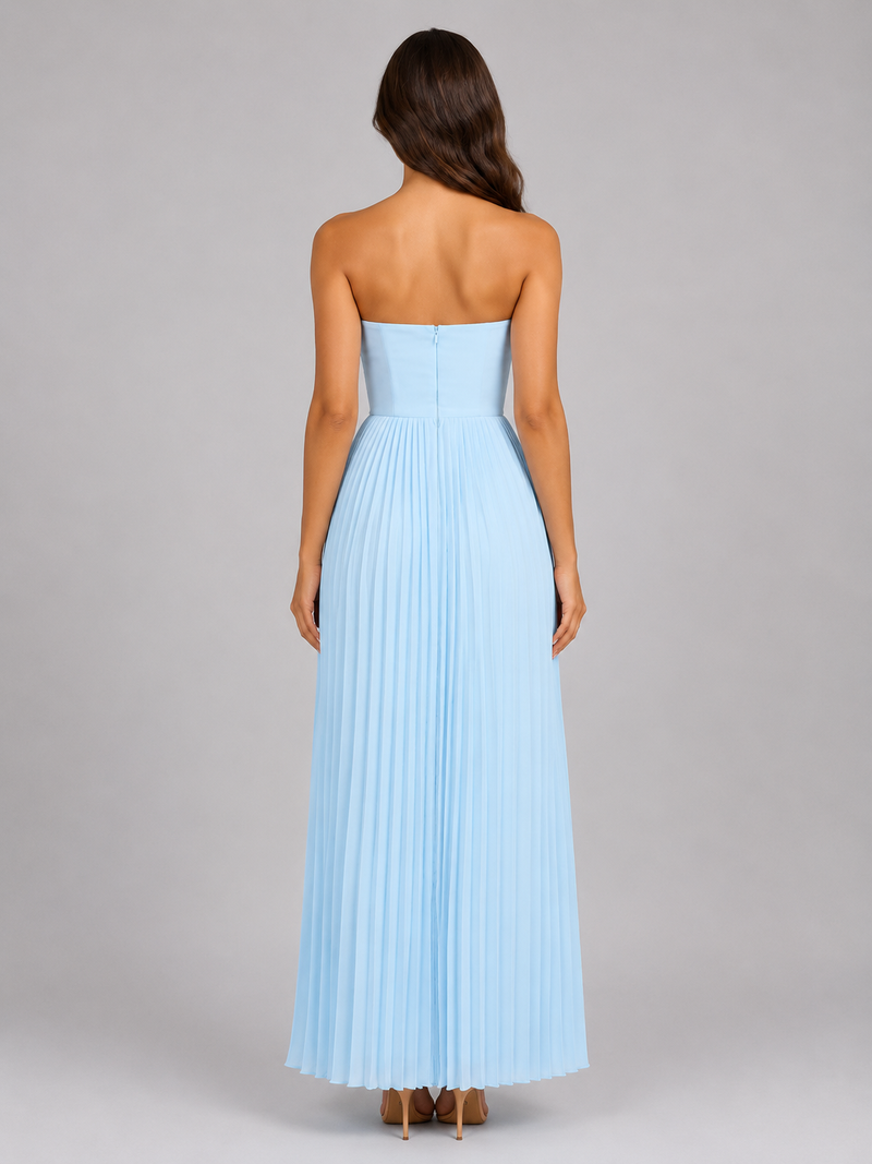 Women’s Strapless Pleated Maxi Dress – Wedding Guest Gown