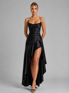 Women’s Strappy Maxi Dress with Thigh Split and Asymmetrical Hem – Elegant Evening Dress