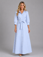 Women's Striped Belted Shirt Maxi Dress – Long Sleeve Button Front