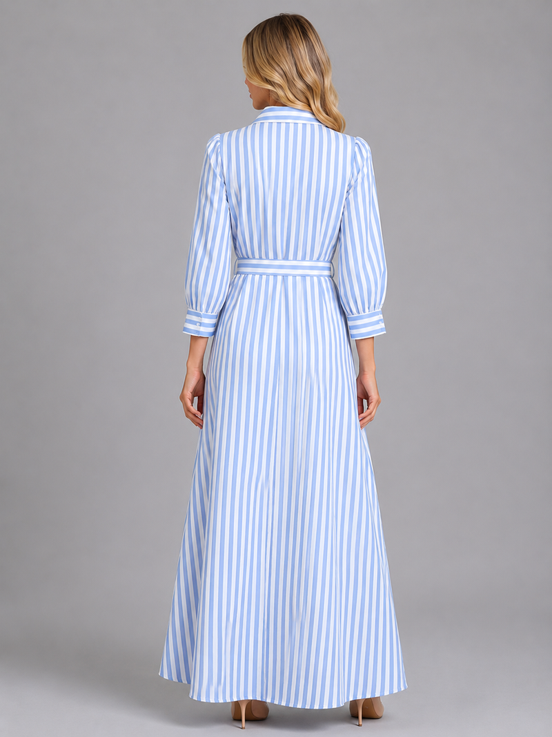 Women's Striped Belted Shirt Maxi Dress – Long Sleeve Button Front