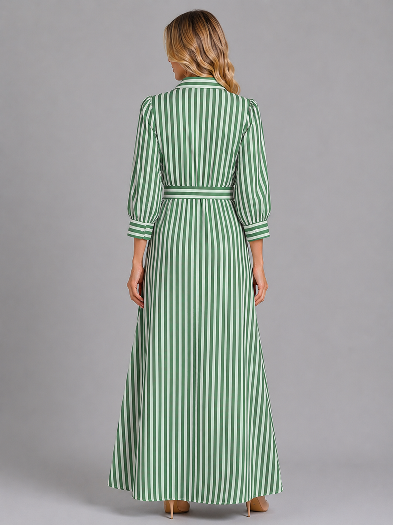 Women's Striped Belted Shirt Maxi Dress – Long Sleeve Button Front