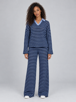 Women’s Striped Knit Two-Piece Set – Collared Jumper & Wide Leg Trousers